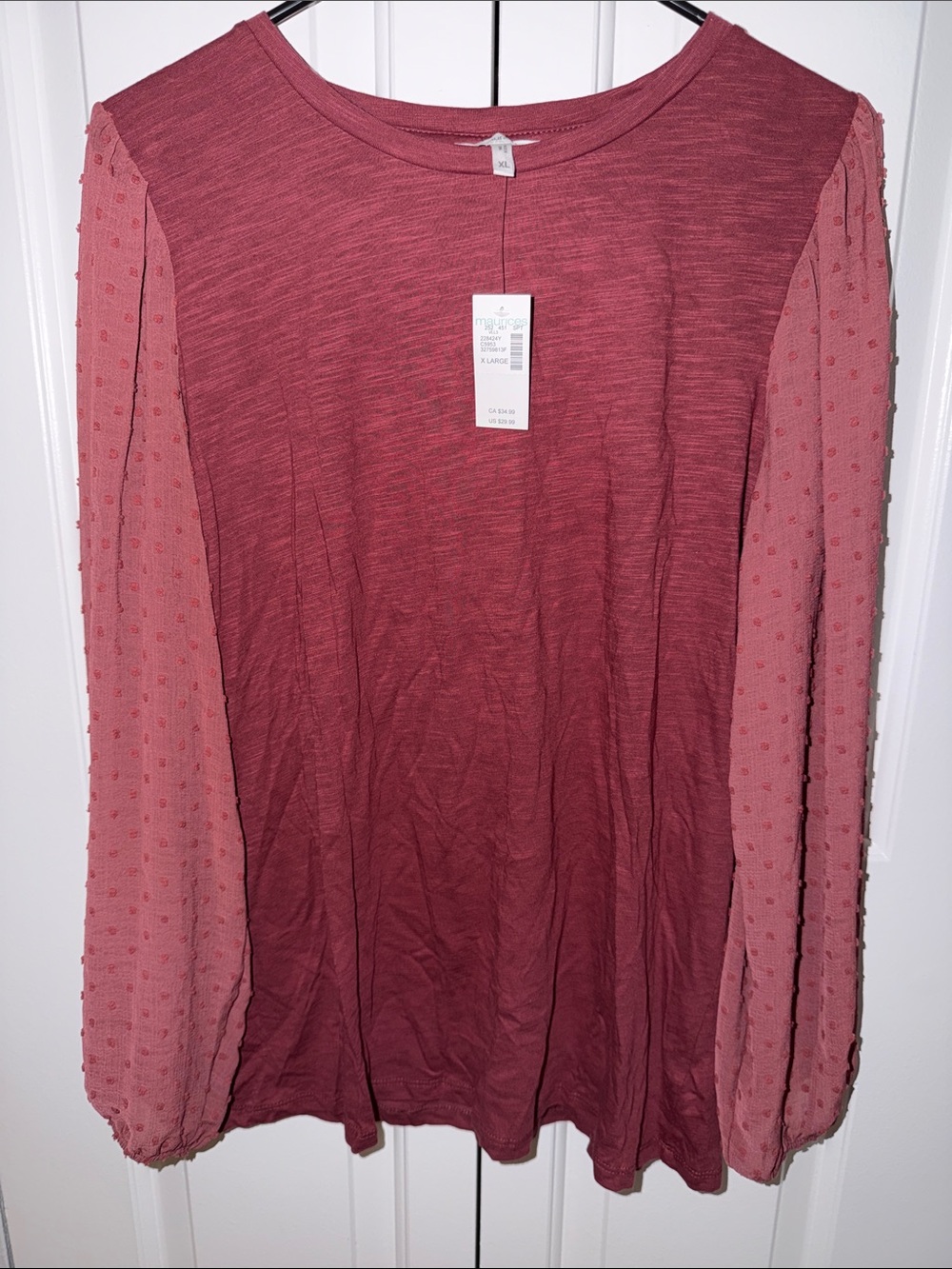 Maurices Long Sleeve Textured Sleeve Top - Rose